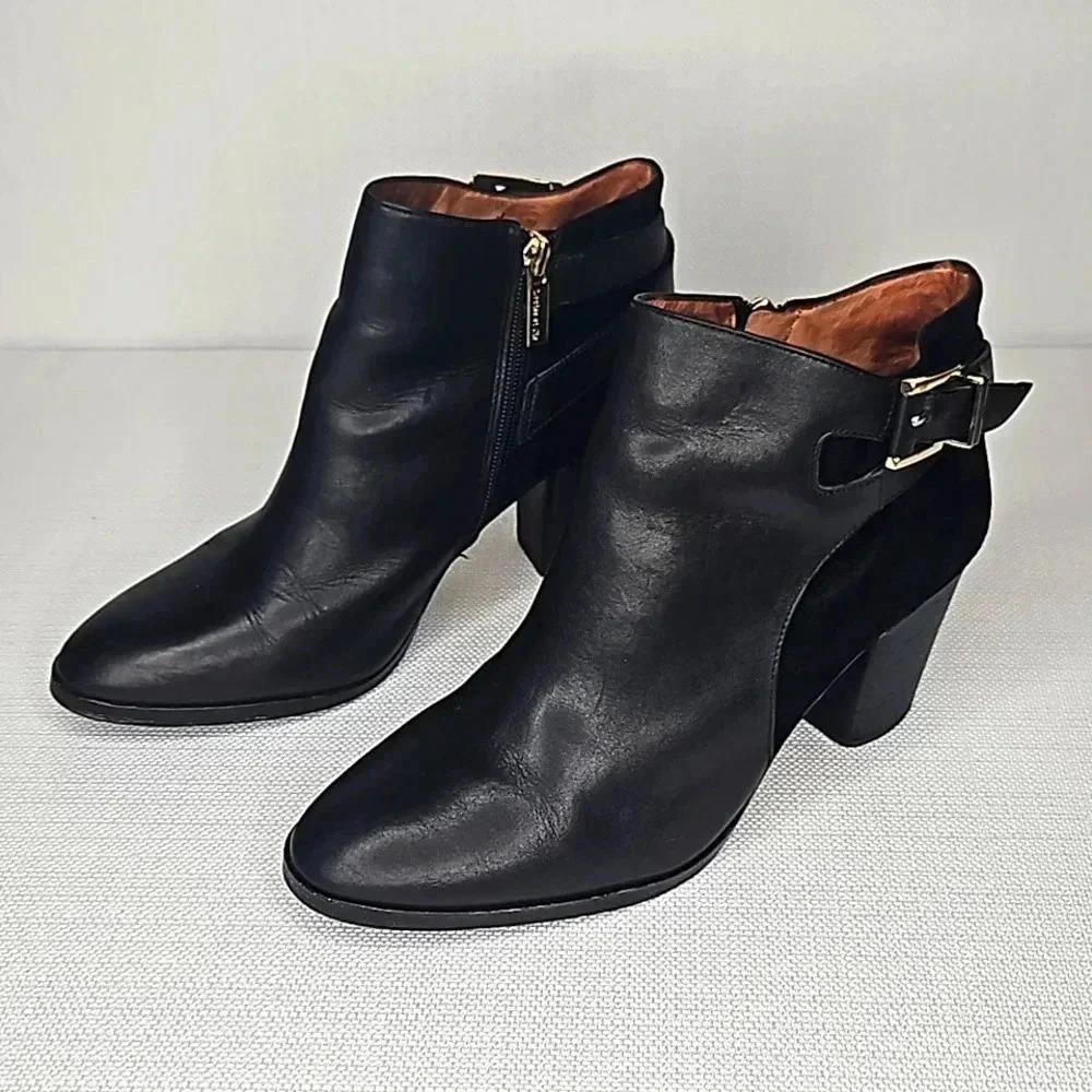 Louis et Cie Women's Black Leather Zip Up Suede Ankle Boot with Buckle Size 8.5